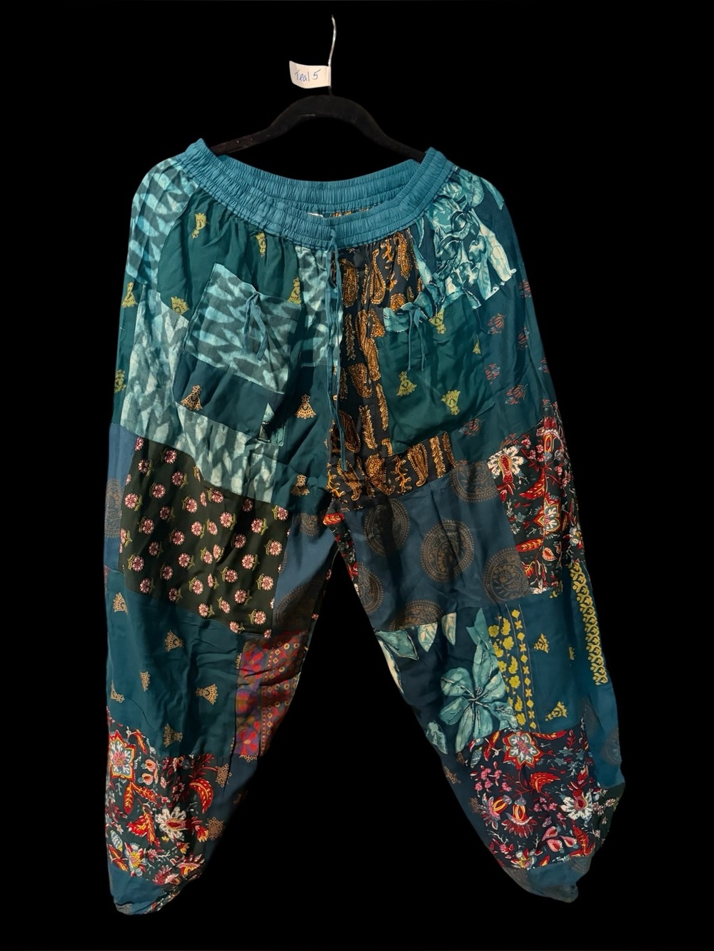 Teal #5 NWT 100% rayon patchwork jogger bottom pants